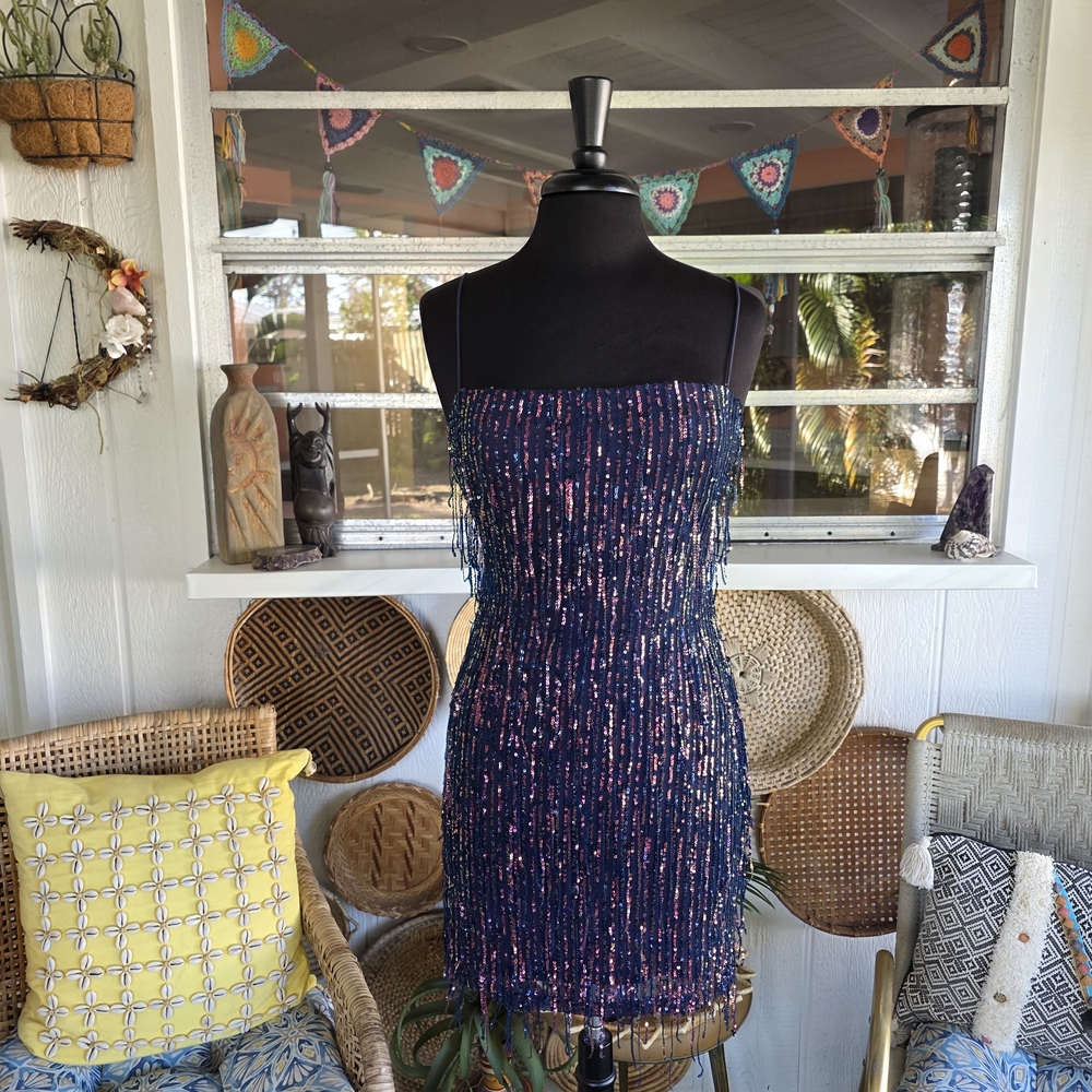 Windsor Large Khloe Sequin Fringe Party Dress Stretchy Navy Fringe Dress - Picture 10 of 12